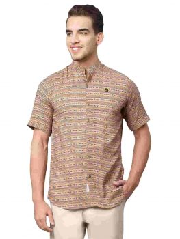 Great Freedom Sale : Shree Ram Krishna Men’s Men’s Cotton Rayon Foil Printed Collar Cap Sleeve Hawaii Holiday Shirts (Brown_Large)